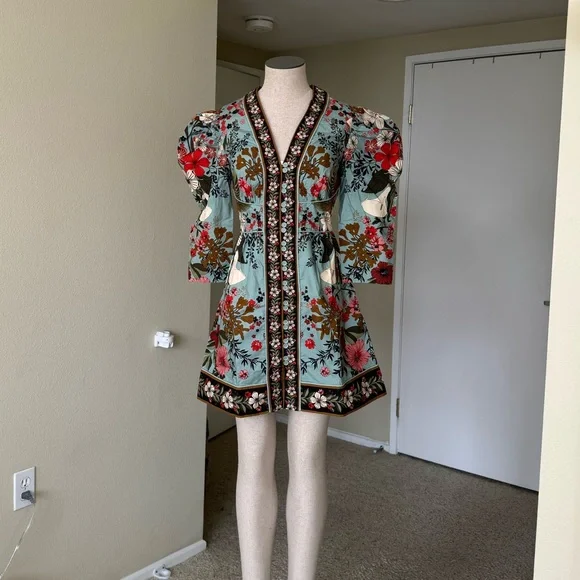 Farm Rio Blue Beauty Bouquet Mini Dress XS NWT - Picture 2 of 12